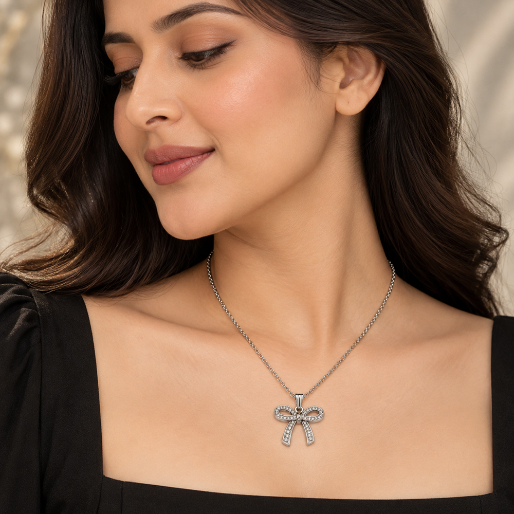 The99Jewel Glamorous Silver Plated Austrian Stone Bow Pendant Jewellery for Women