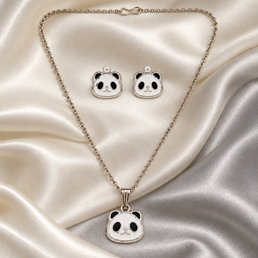 The99Jewel Glamorous Silver Plated Panda Shape Pendant with Matching Earrings Jewellery for Women