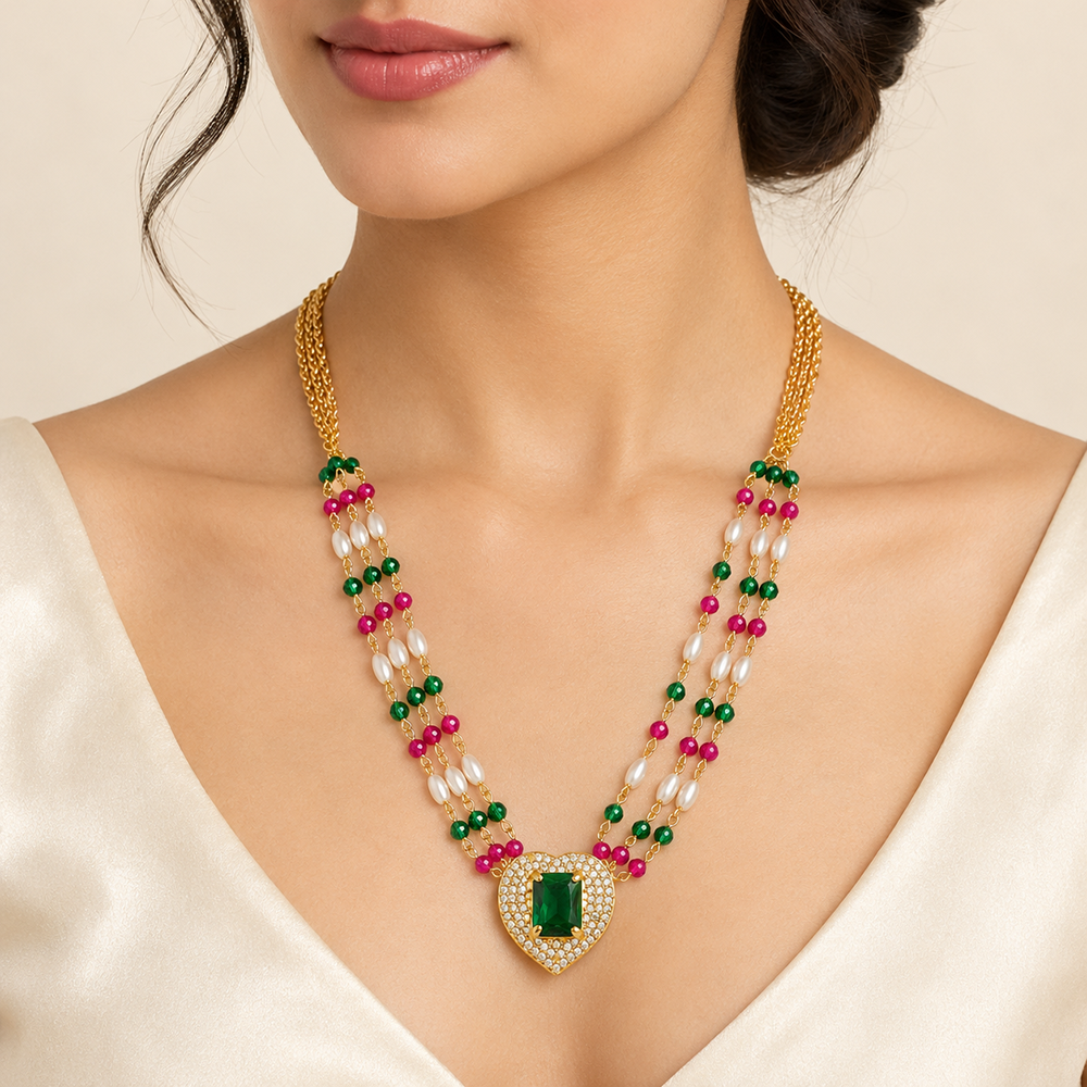The99Jewel Pearl and Gold Beaded Necklace with Ruby and Emerald-Coloured Stone Accents