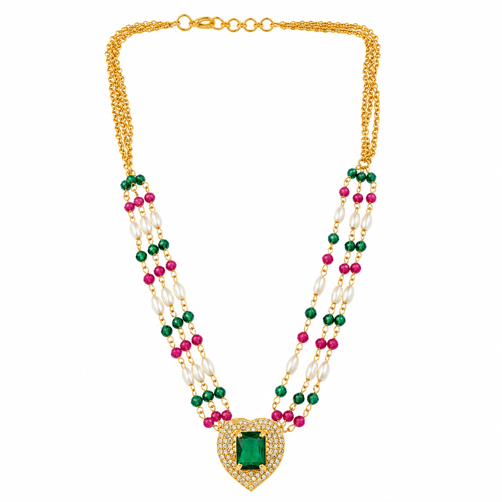 The99Jewel Pearl and Gold Beaded Necklace with Ruby and Emerald-Coloured Stone Accents