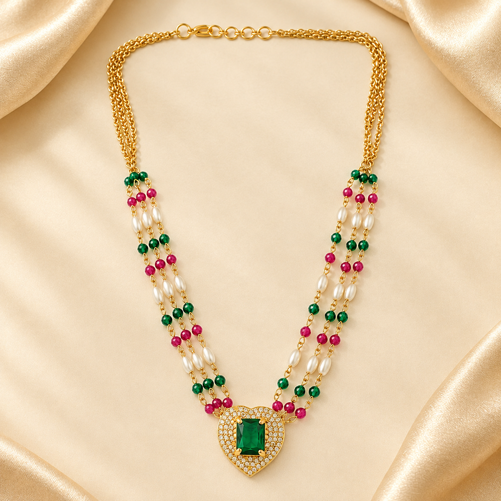 The99Jewel Pearl and Gold Beaded Necklace with Ruby and Emerald-Coloured Stone Accents