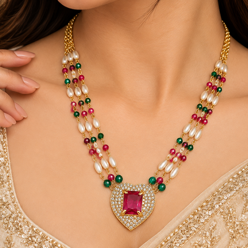 The99Jewel Pearl and Gold Beaded Necklace with Ruby and Emerald-Coloured Stone Accents