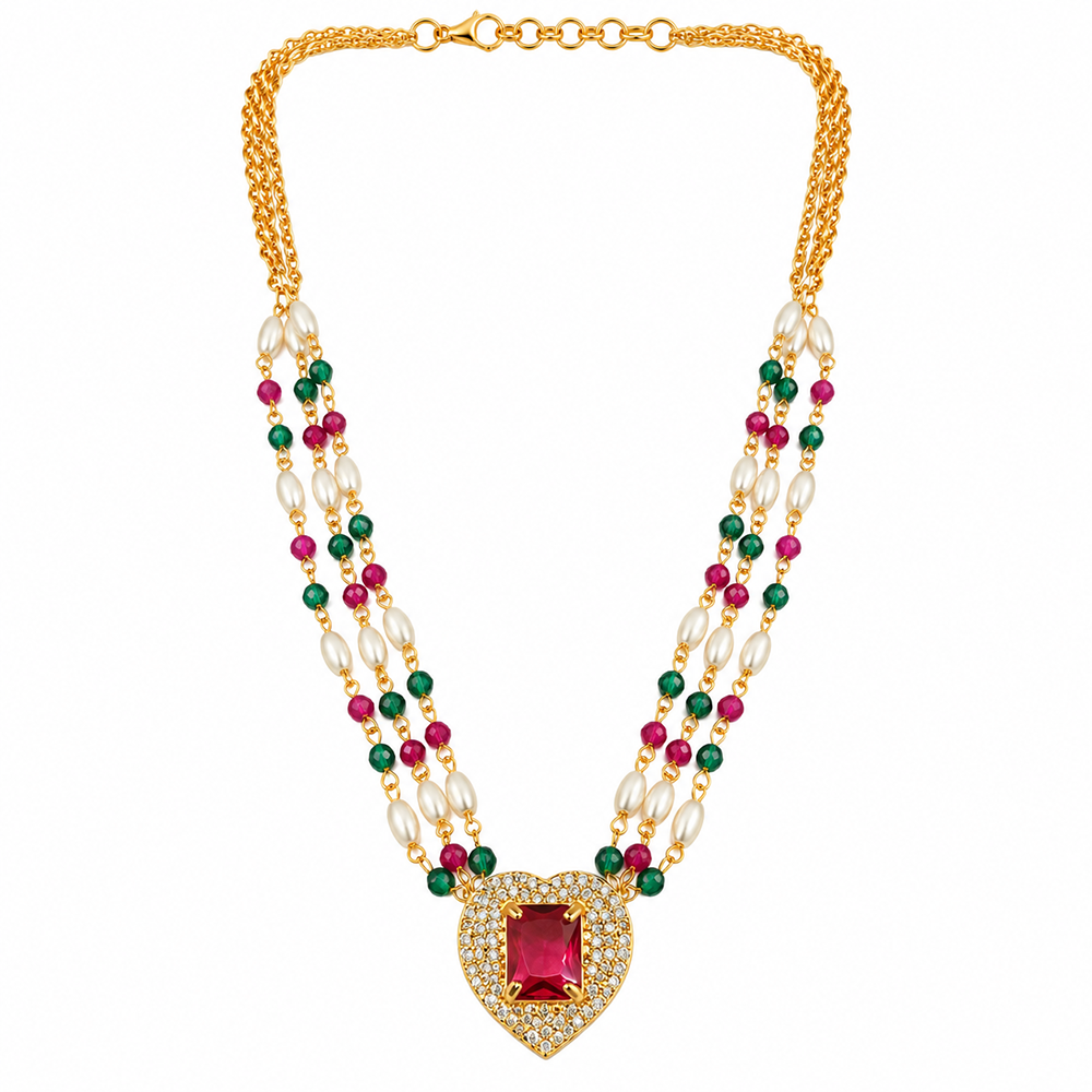 The99Jewel Pearl and Gold Beaded Necklace with Ruby and Emerald-Coloured Stone Accents