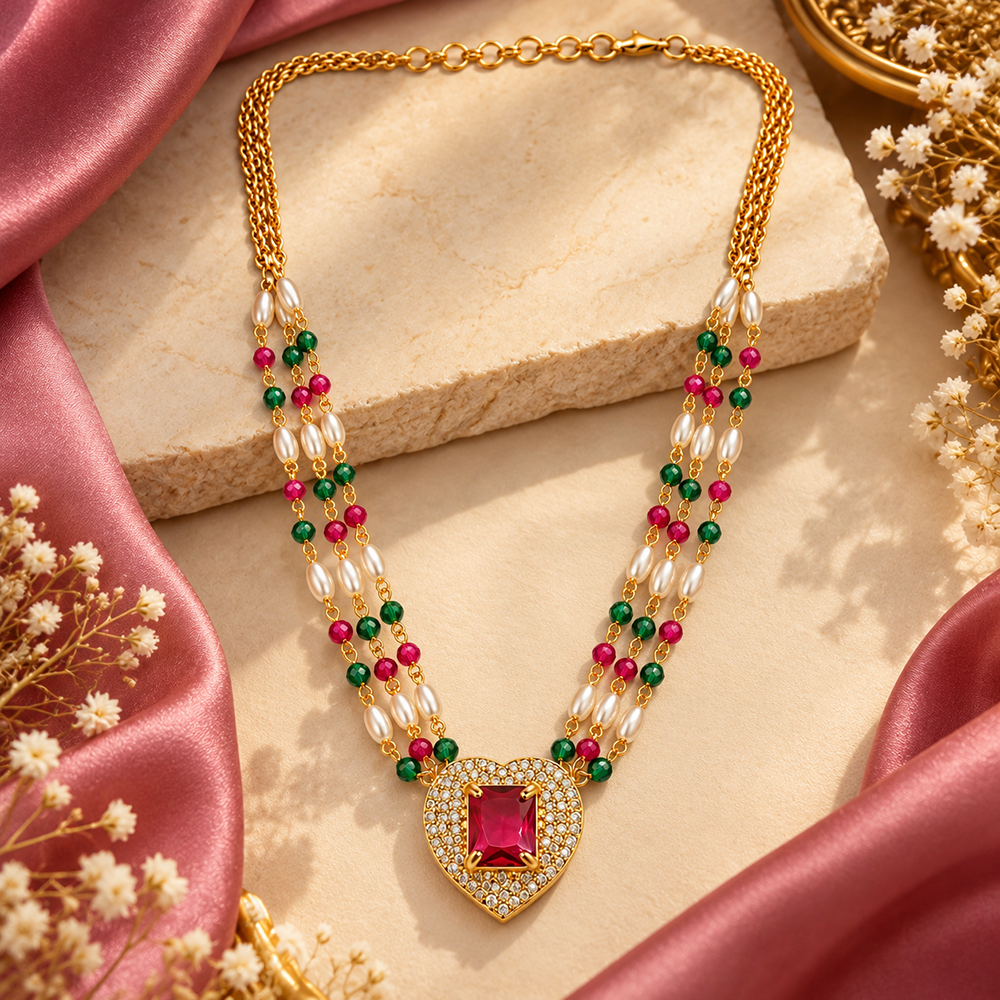 The99Jewel Pearl and Gold Beaded Necklace with Ruby and Emerald-Coloured Stone Accents