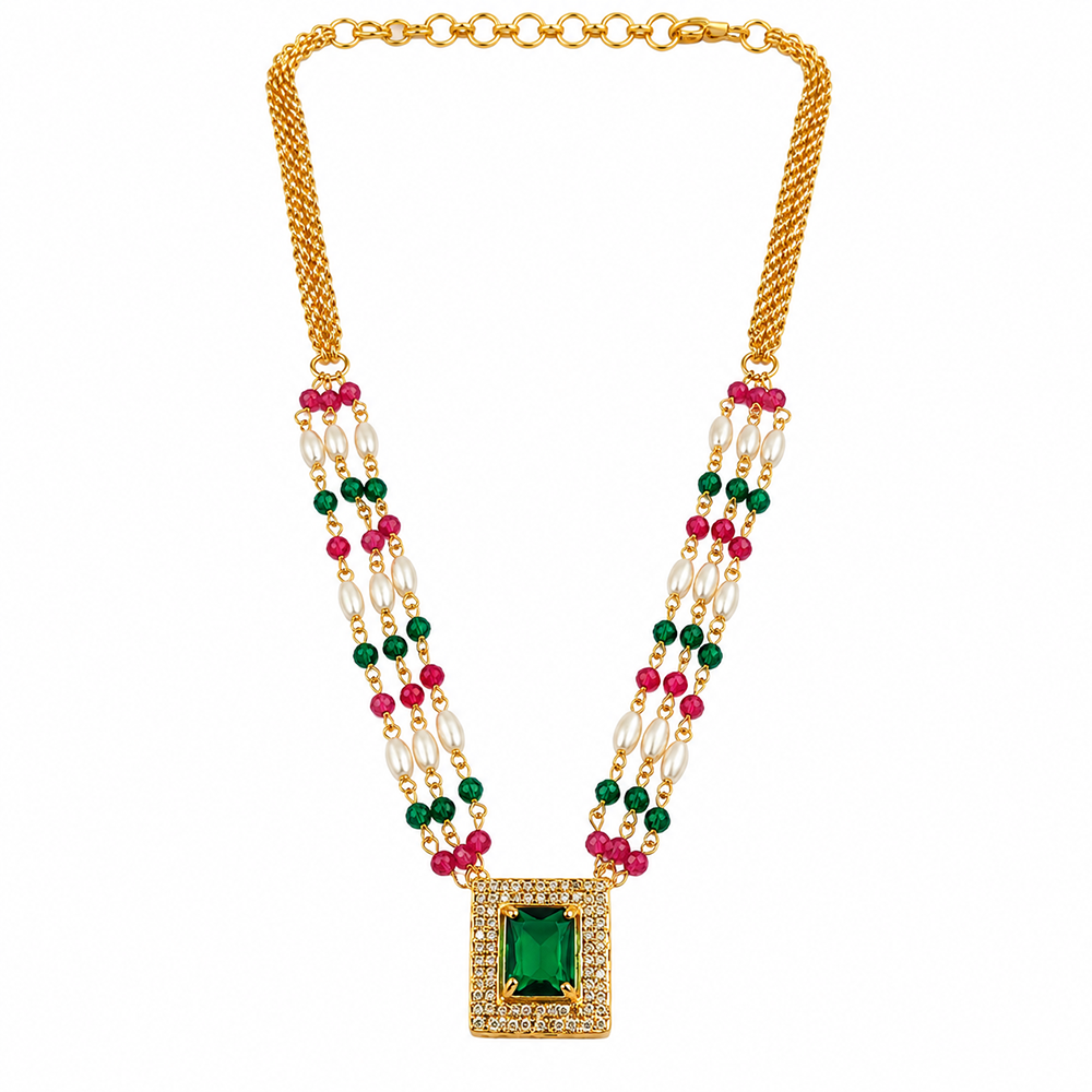 The99Jewel Pearl and Gold Beaded Necklace with Ruby and Emerald-Coloured Stone Accents