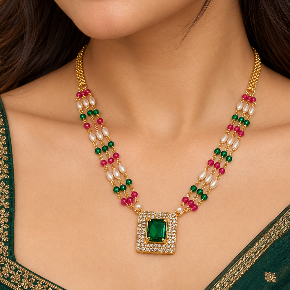 The99Jewel Pearl and Gold Beaded Necklace with Ruby and Emerald-Coloured Stone Accents