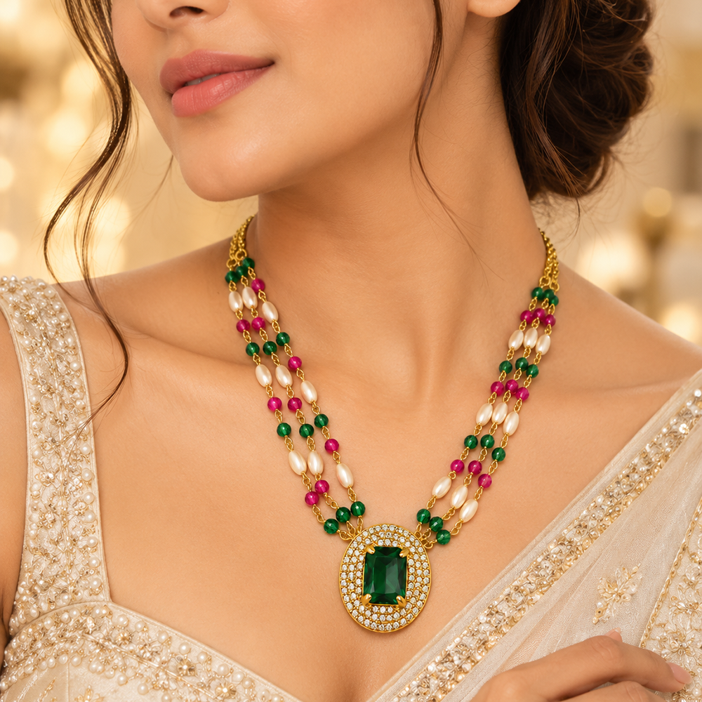 The99Jewel Pearl and Gold Beaded Necklace with Ruby and Emerald-Coloured Stone Accents