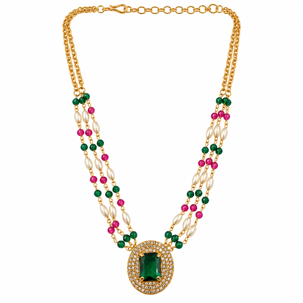 The99Jewel Pearl and Gold Beaded Necklace with Ruby and Emerald-Coloured Stone Accents