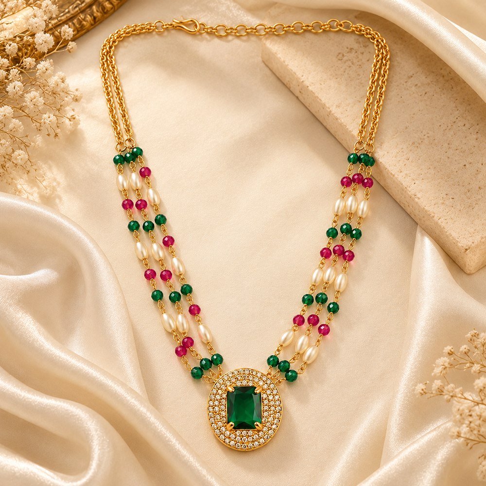 The99Jewel Pearl and Gold Beaded Necklace with Ruby and Emerald-Coloured Stone Accents