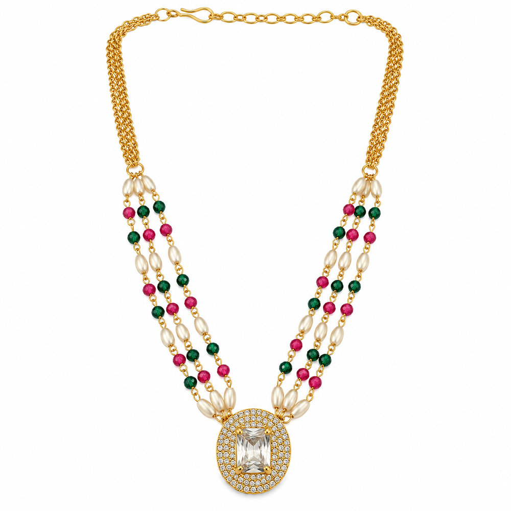 The99Jewel Pearl and Gold Beaded Necklace with Ruby and Emerald-Coloured Stone Accents
