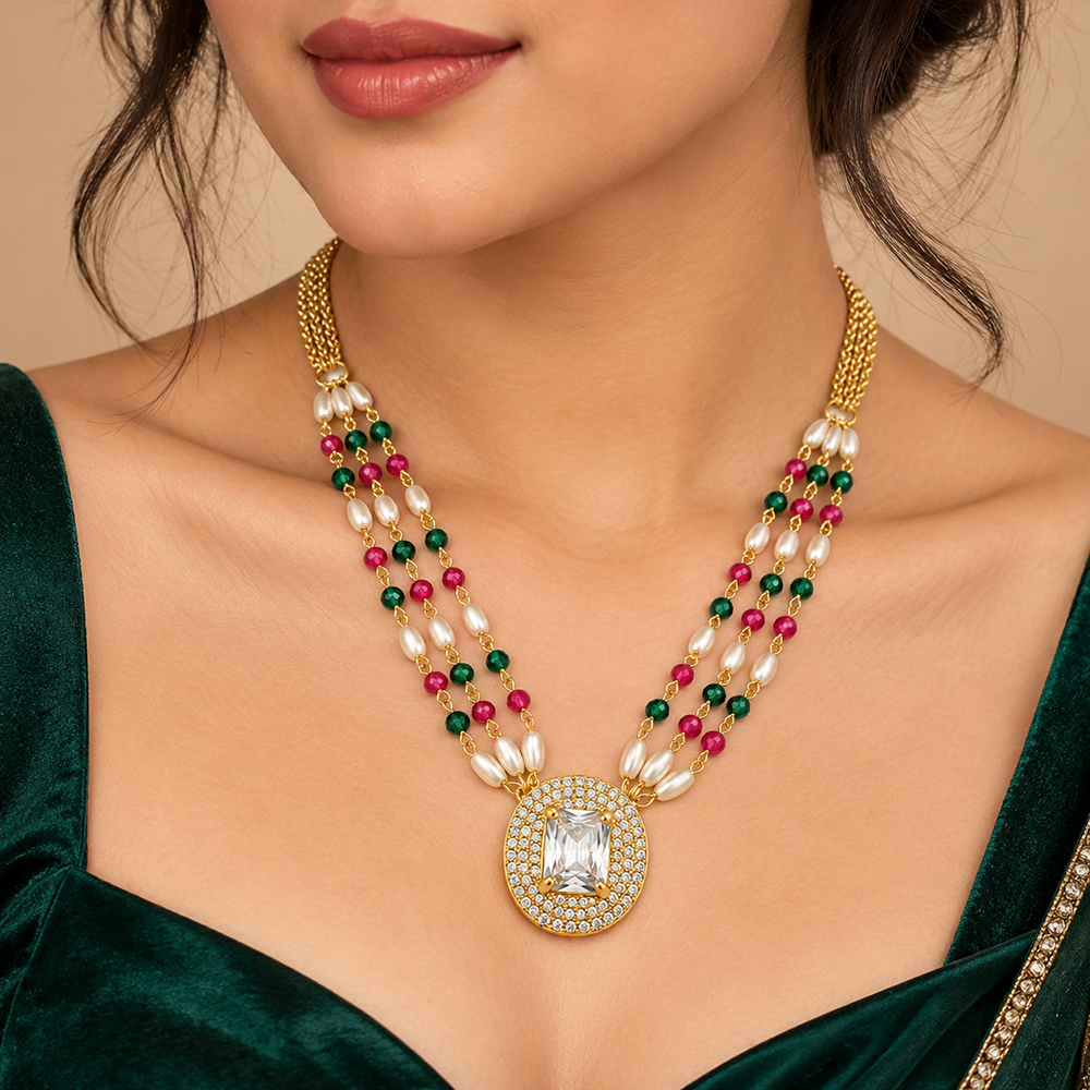 The99Jewel Pearl and Gold Beaded Necklace with Ruby and Emerald-Coloured Stone Accents