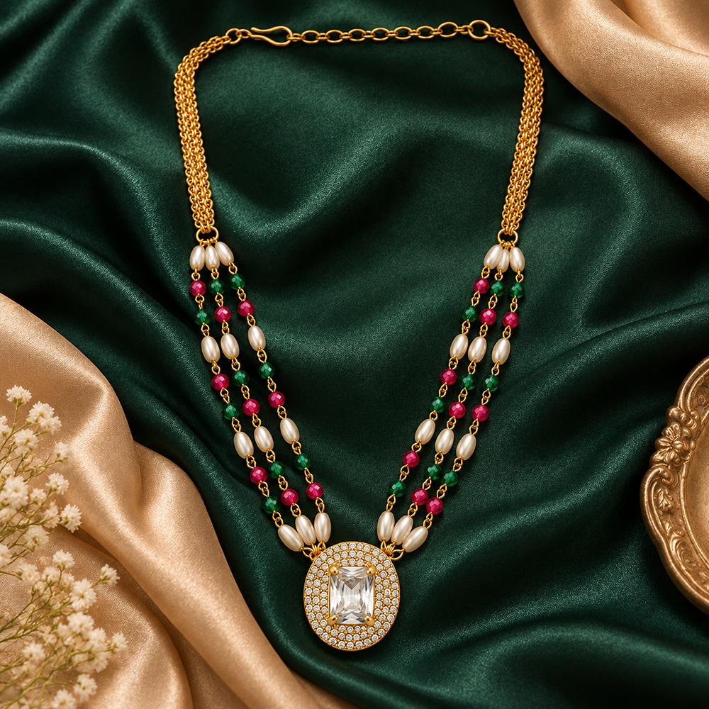 The99Jewel Pearl and Gold Beaded Necklace with Ruby and Emerald-Coloured Stone Accents