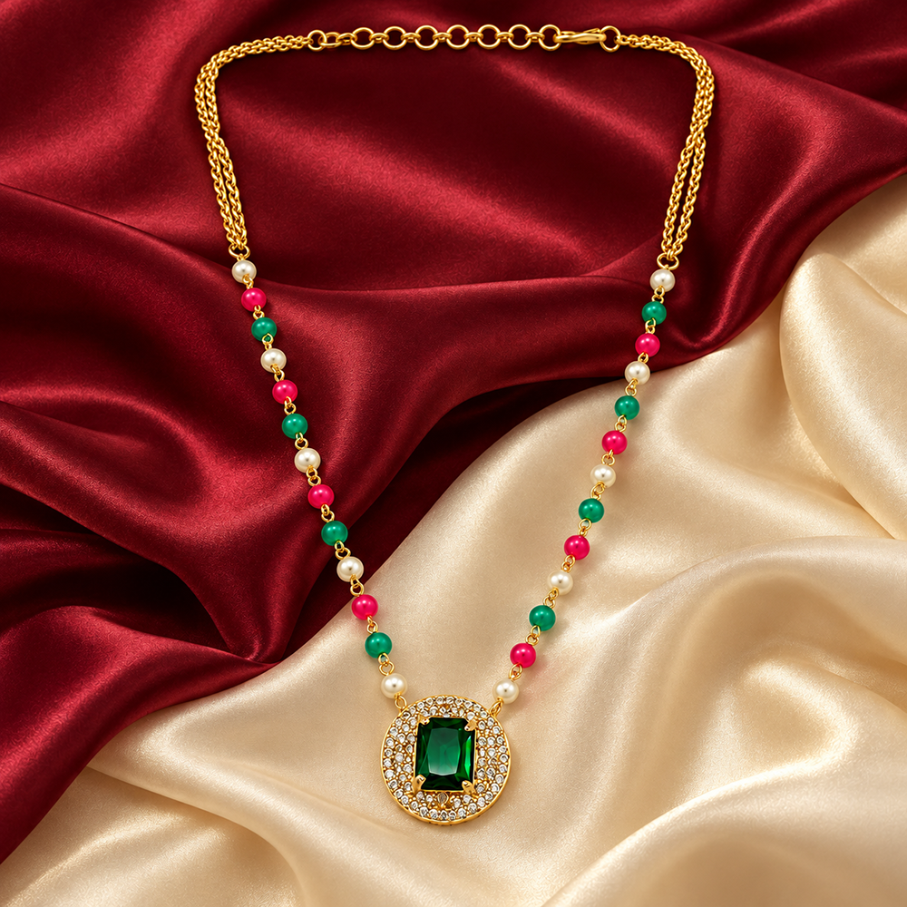 The99Jewel Pearl and Gold Beaded Necklace with Ruby and Emerald-Coloured Stone Accents