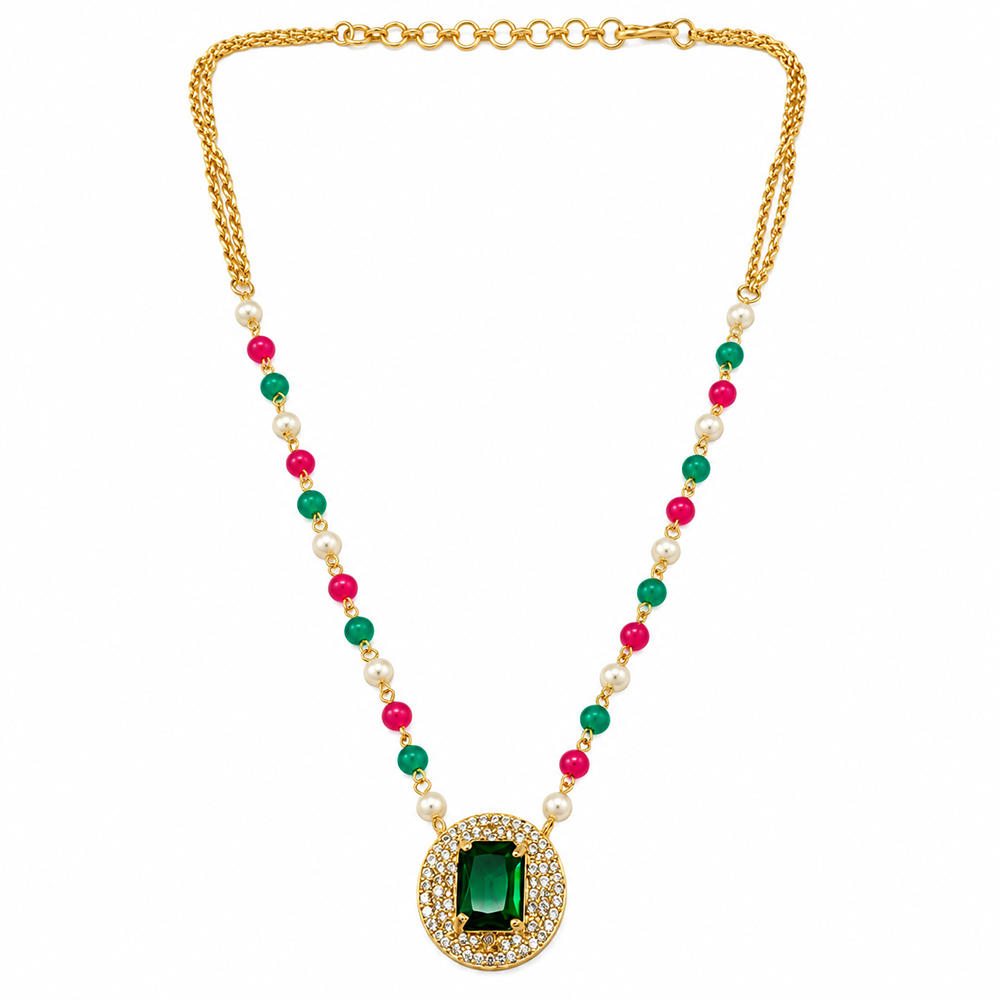The99Jewel Pearl and Gold Beaded Necklace with Ruby and Emerald-Coloured Stone Accents