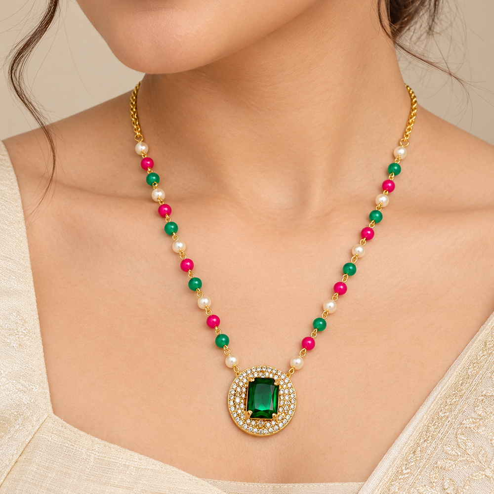 The99Jewel Pearl and Gold Beaded Necklace with Ruby and Emerald-Coloured Stone Accents