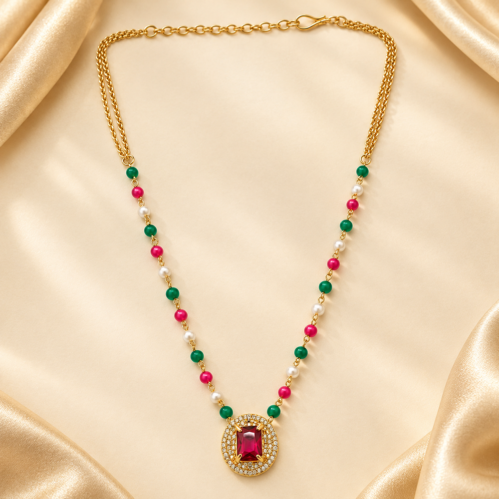 The99Jewel Pearl and Gold Beaded Necklace with Ruby and Emerald-Coloured Stone Accents