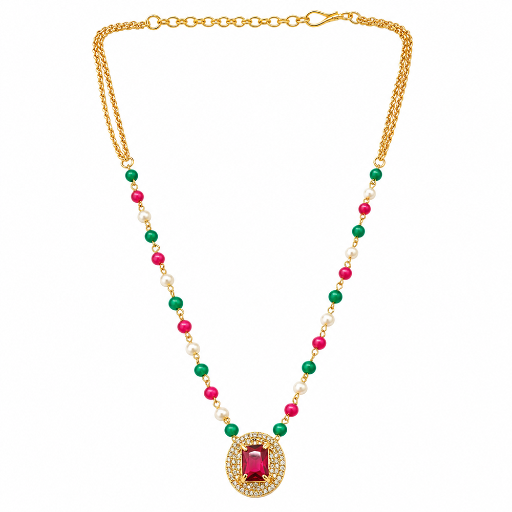 The99Jewel Pearl and Gold Beaded Necklace with Ruby and Emerald-Coloured Stone Accents