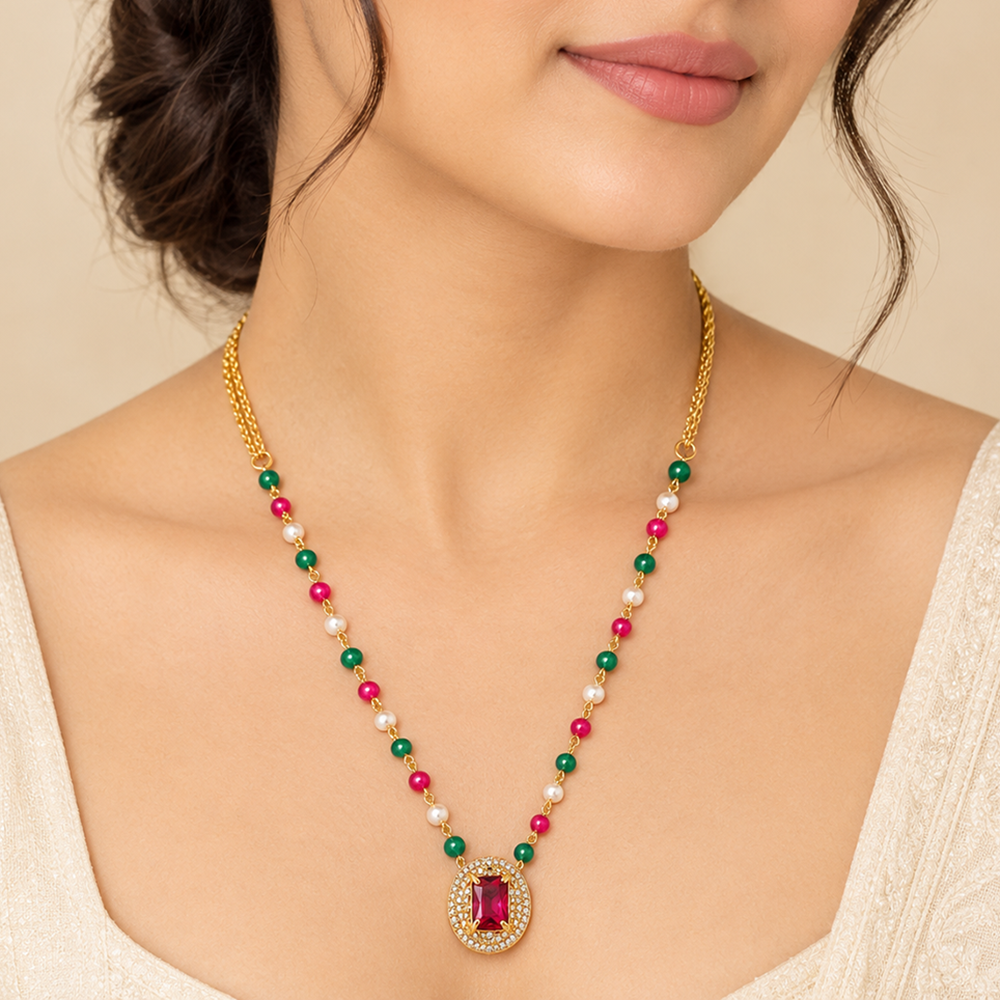 The99Jewel Pearl and Gold Beaded Necklace with Ruby and Emerald-Coloured Stone Accents