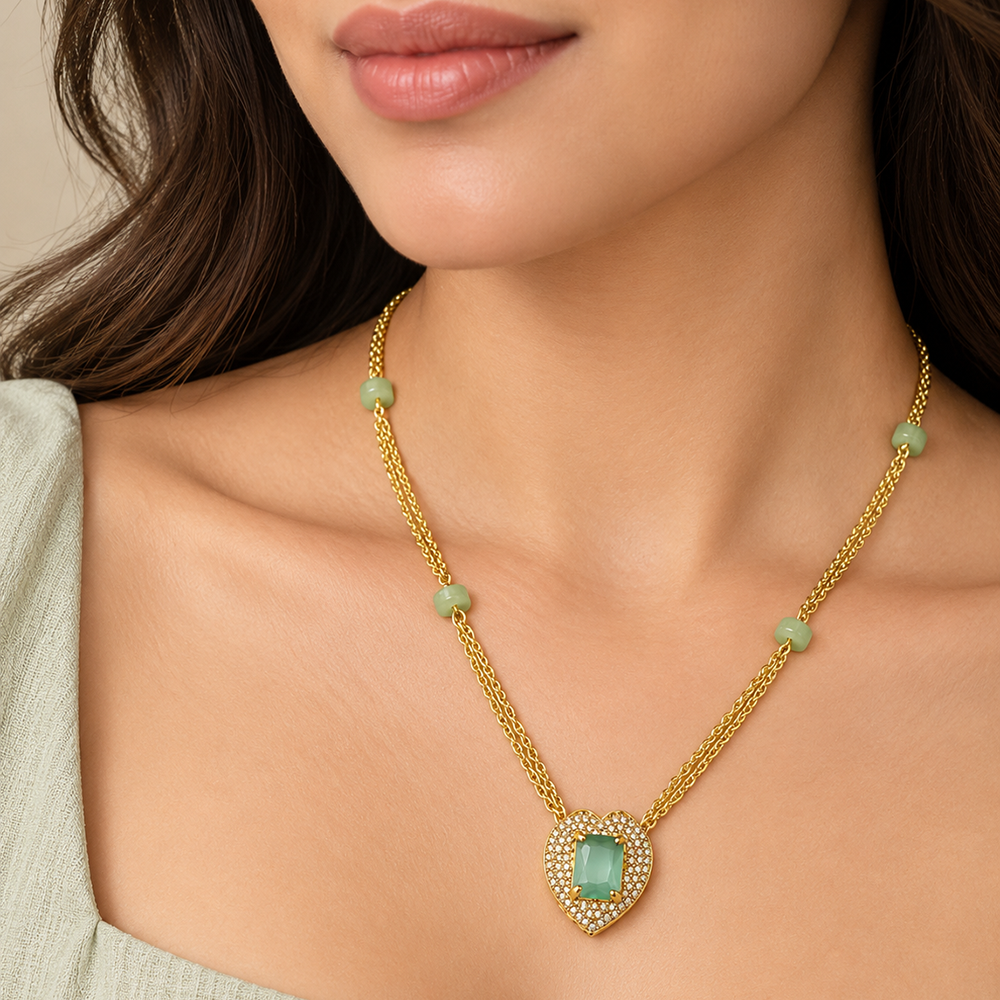 The99Jewel Pearl and Gold Beaded Necklace with Ruby and Emerald-Coloured Stone Accents