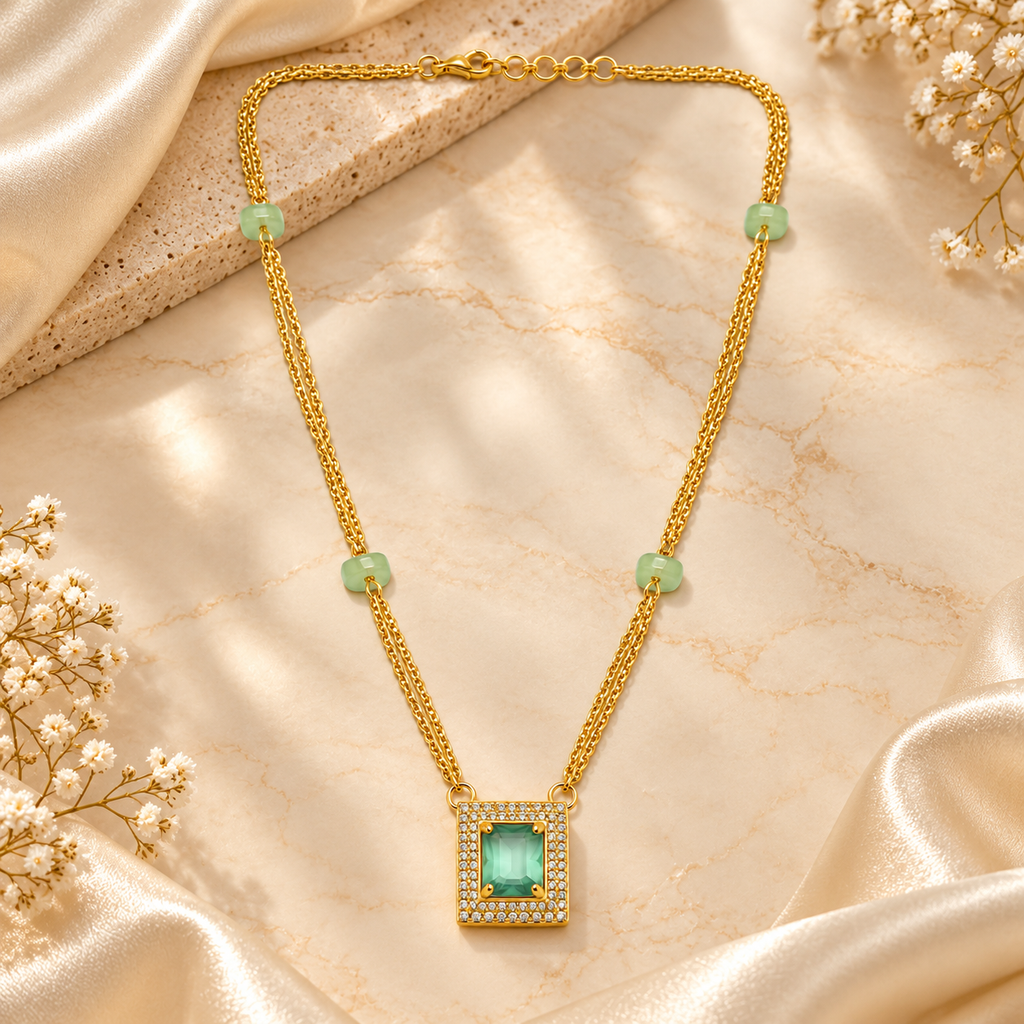 The99Jewel Pearl and Gold Beaded Necklace with Ruby and Emerald-Coloured Stone Accents