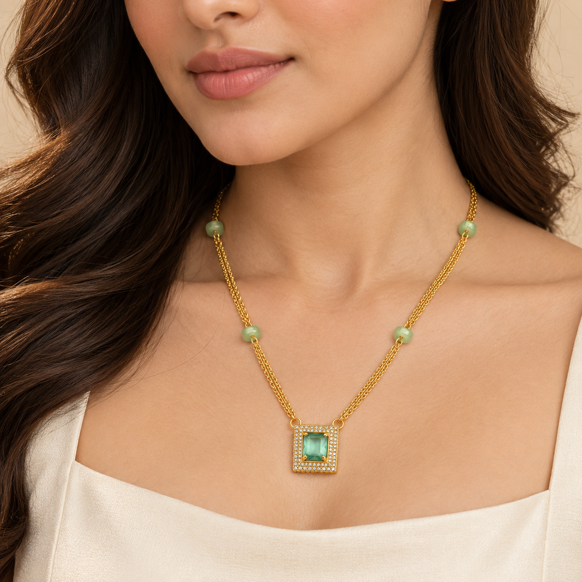 The99Jewel Pearl and Gold Beaded Necklace with Ruby and Emerald-Coloured Stone Accents