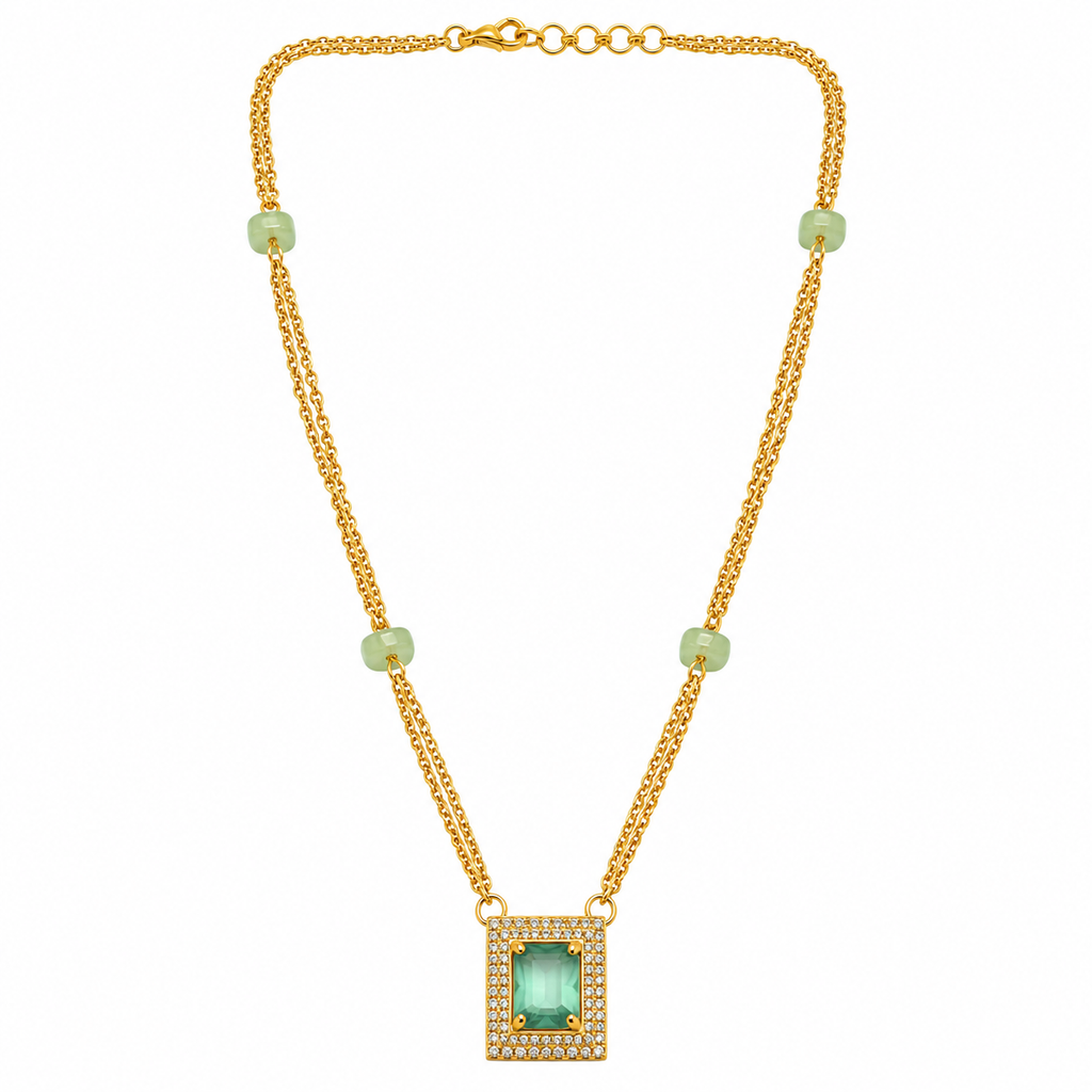 The99Jewel Pearl and Gold Beaded Necklace with Ruby and Emerald-Coloured Stone Accents