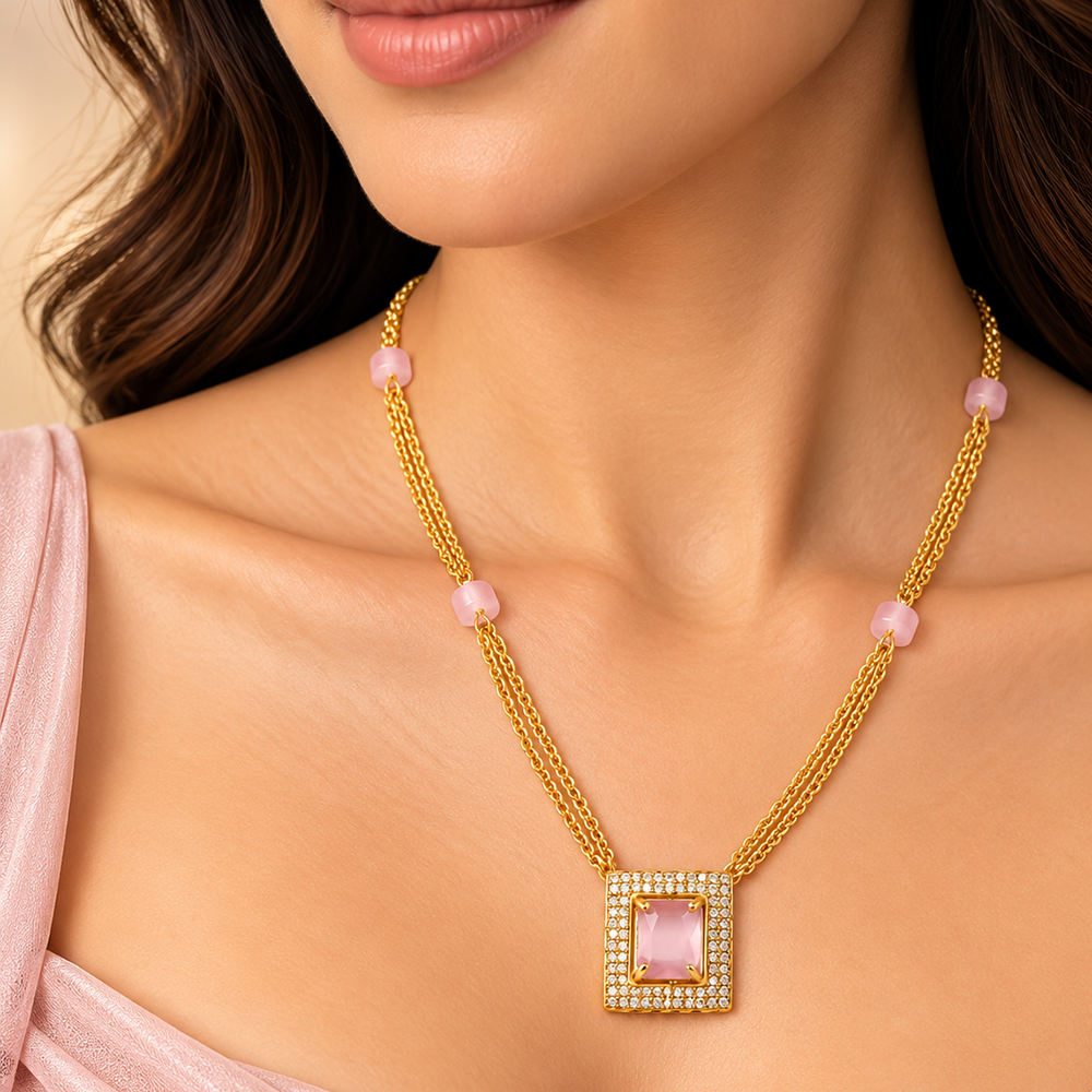 The99Jewel Pearl and Gold Beaded Necklace with Ruby and Emerald-Coloured Stone Accents