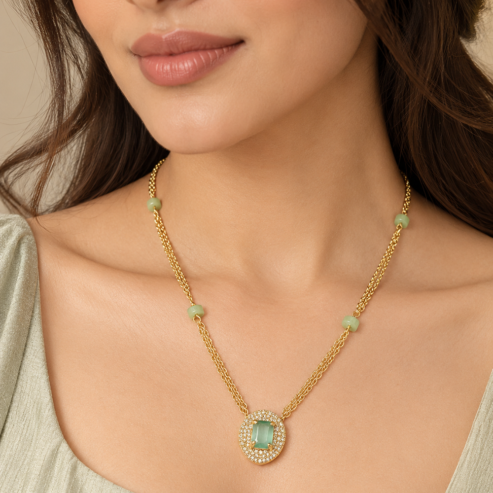 The99Jewel Pearl and Gold Beaded Necklace with Ruby and Emerald-Coloured Stone Accents