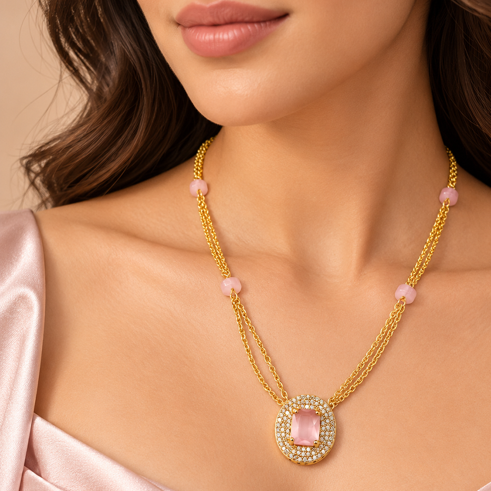 The99Jewel Pearl and Gold Beaded Necklace with Ruby and Emerald-Coloured Stone Accents