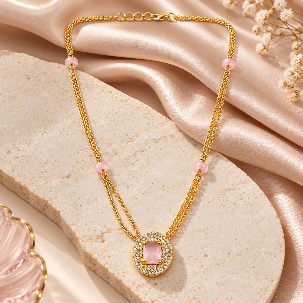 The99Jewel Pearl and Gold Beaded Necklace with Ruby and Emerald-Coloured Stone Accents
