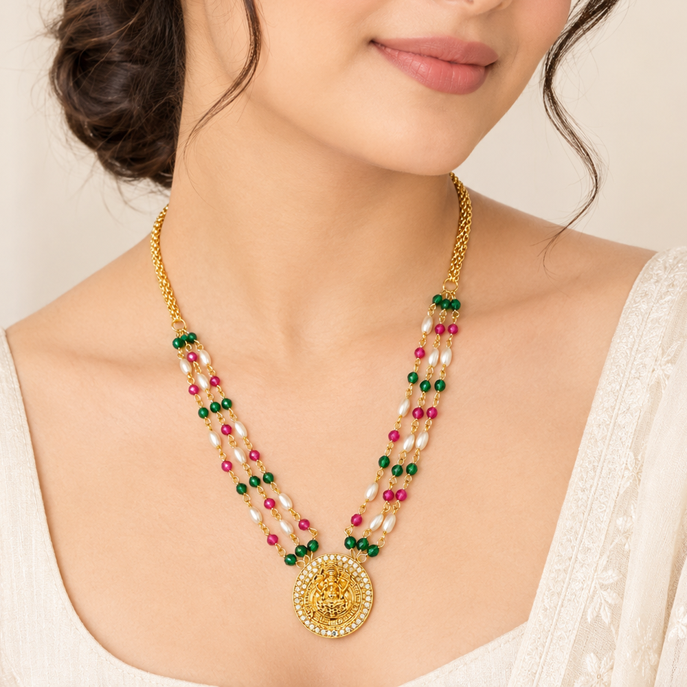 The99Jewel Pearl and Gold Beaded Necklace with Ruby and Emerald-Coloured Stone Accents
