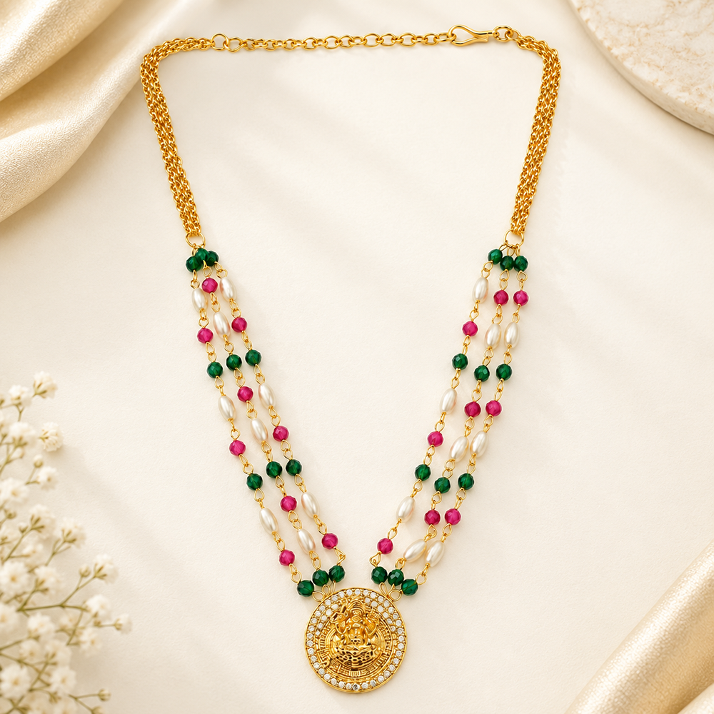 The99Jewel Pearl and Gold Beaded Necklace with Ruby and Emerald-Coloured Stone Accents