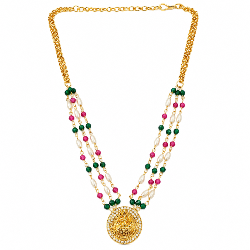 The99Jewel Pearl and Gold Beaded Necklace with Ruby and Emerald-Coloured Stone Accents