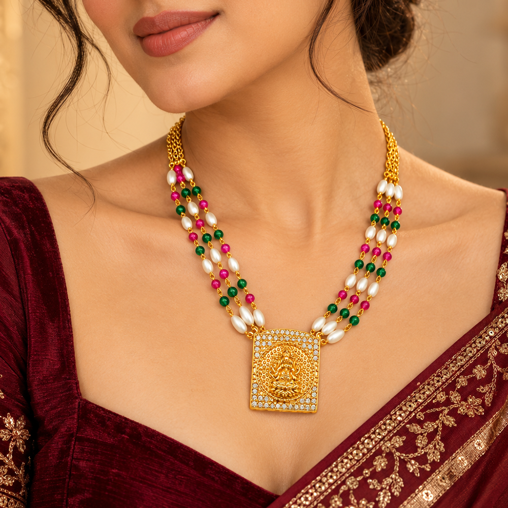 The99Jewel Pearl and Gold Beaded Necklace with Ruby and Emerald-Coloured Stone Accents