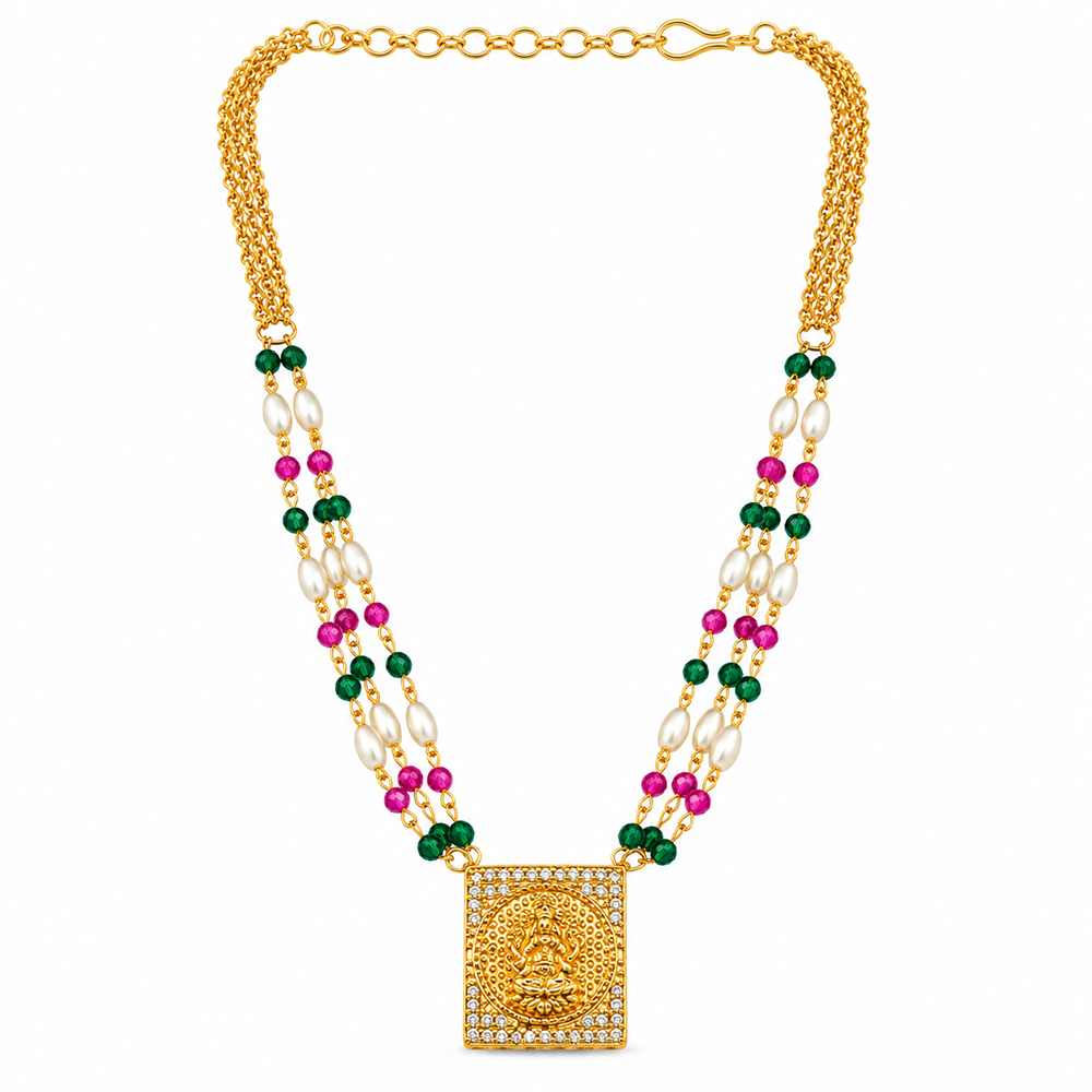 The99Jewel Pearl and Gold Beaded Necklace with Ruby and Emerald-Coloured Stone Accents