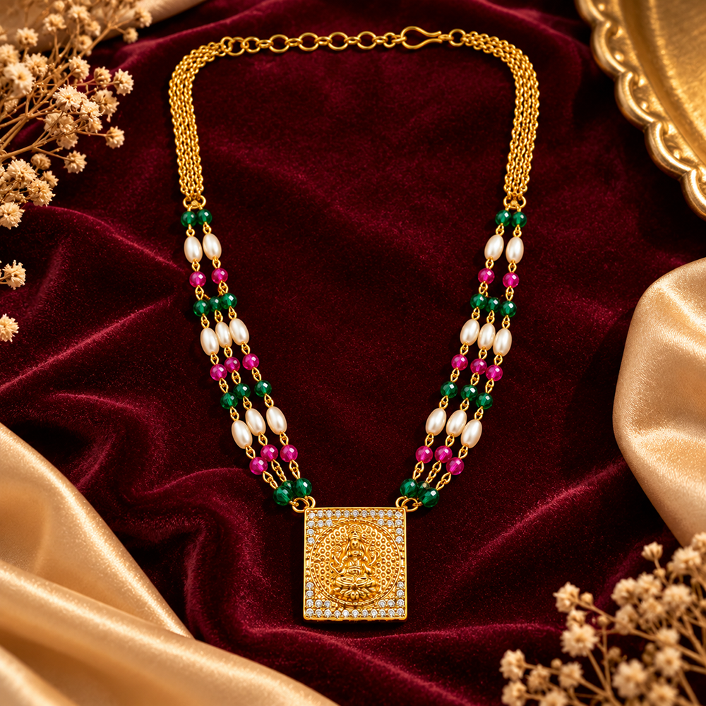 The99Jewel Pearl and Gold Beaded Necklace with Ruby and Emerald-Coloured Stone Accents