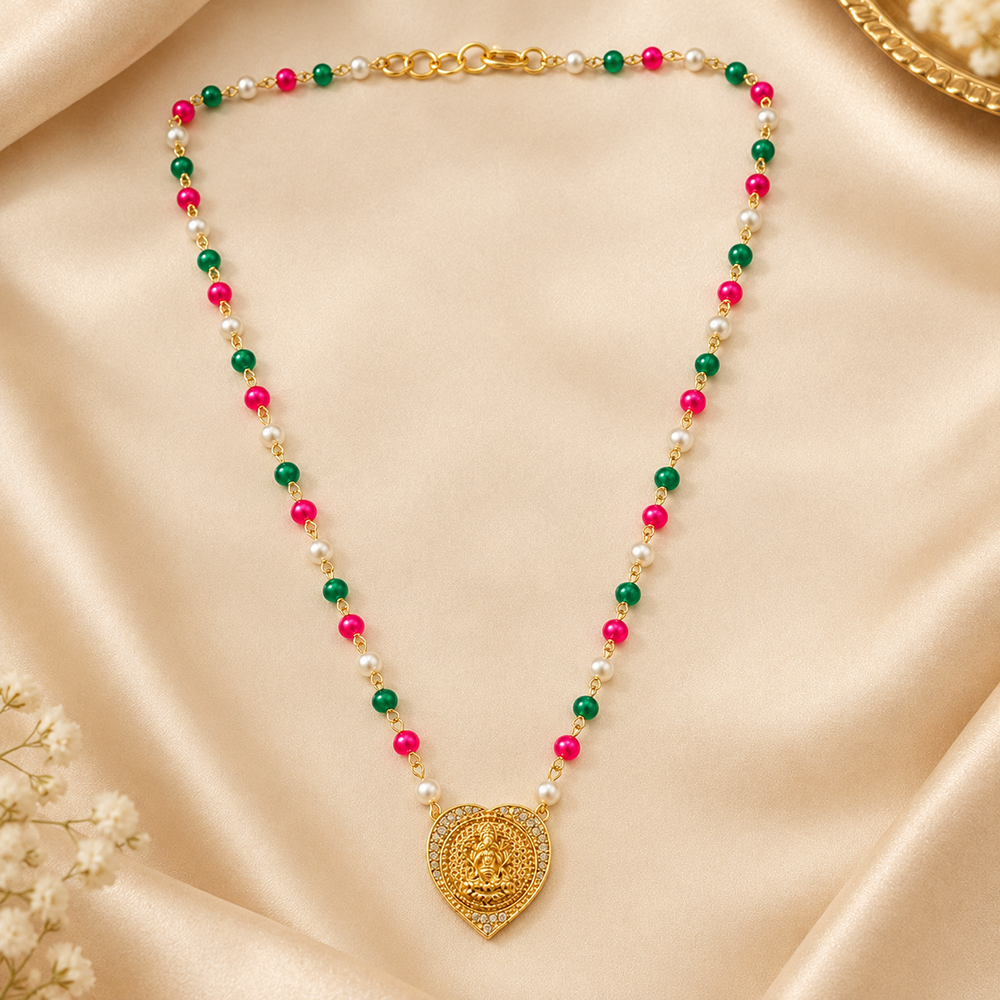 The99Jewel Pearl and Gold Beaded Necklace with Ruby and Emerald-Coloured Stone Accents