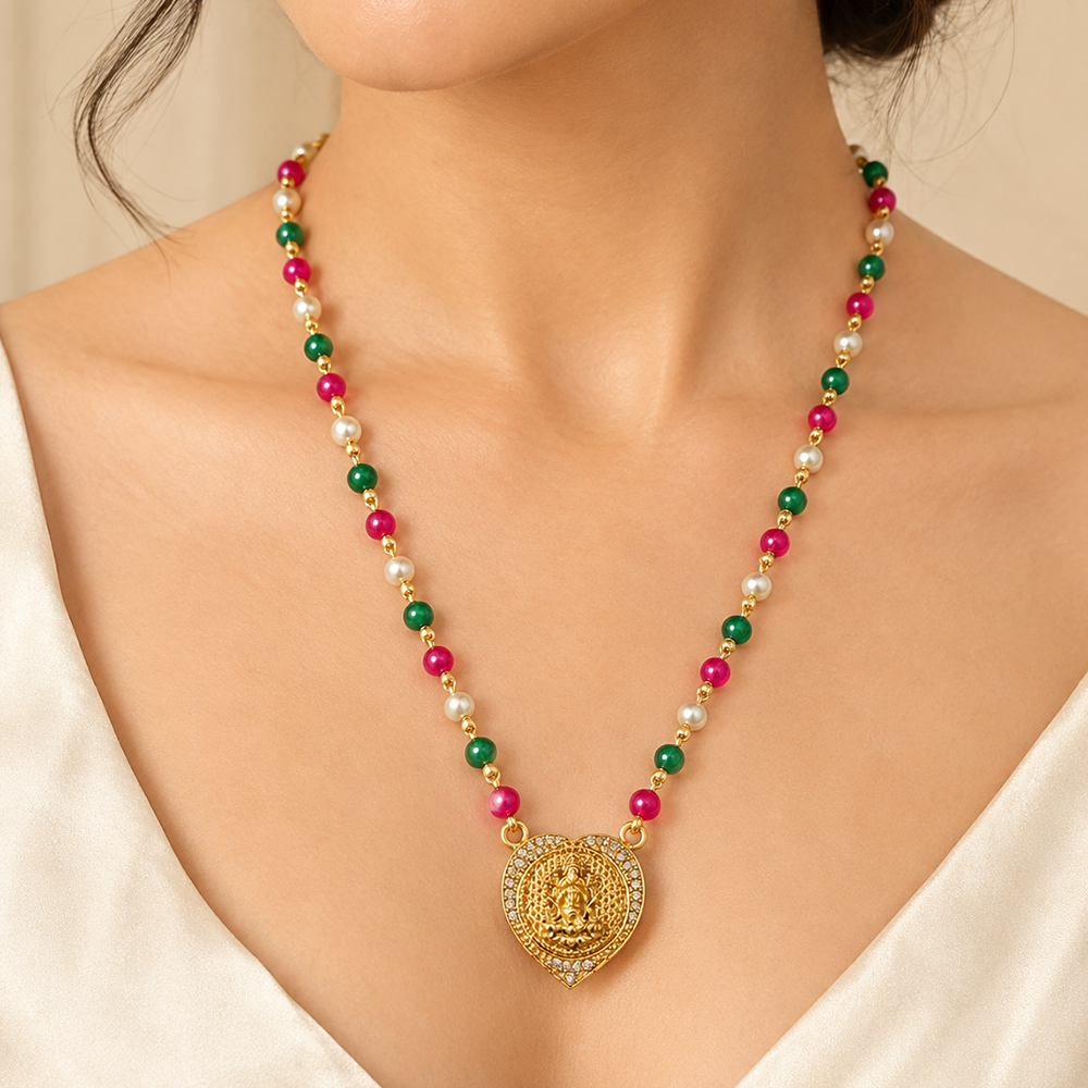 The99Jewel Pearl and Gold Beaded Necklace with Ruby and Emerald-Coloured Stone Accents