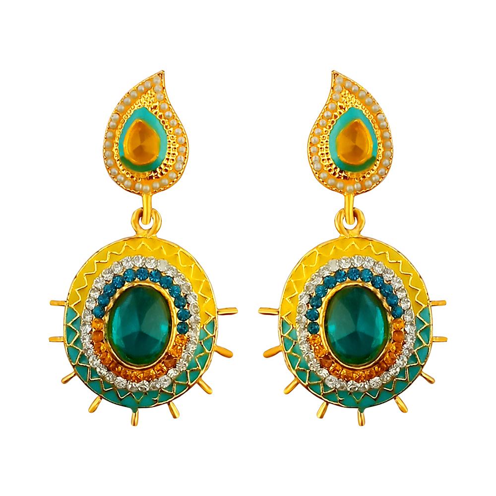 The99Jewel Gold Plated Blue And Brown Austrian Stone And Meenakari Dangler Earrings - 1304603A
