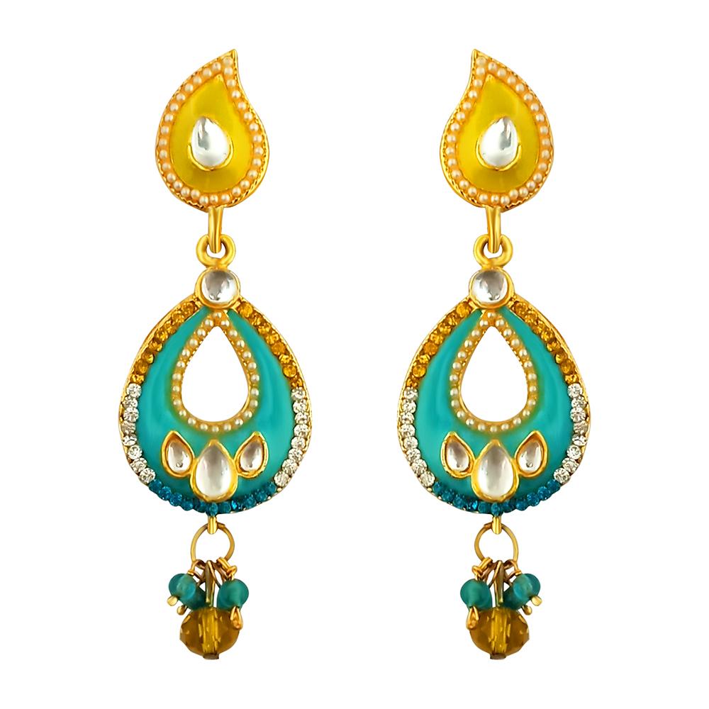 The99Jewel Gold Plated White Austrian Stone And Pearl And Meenakari Dangler Earrings - 1304638B