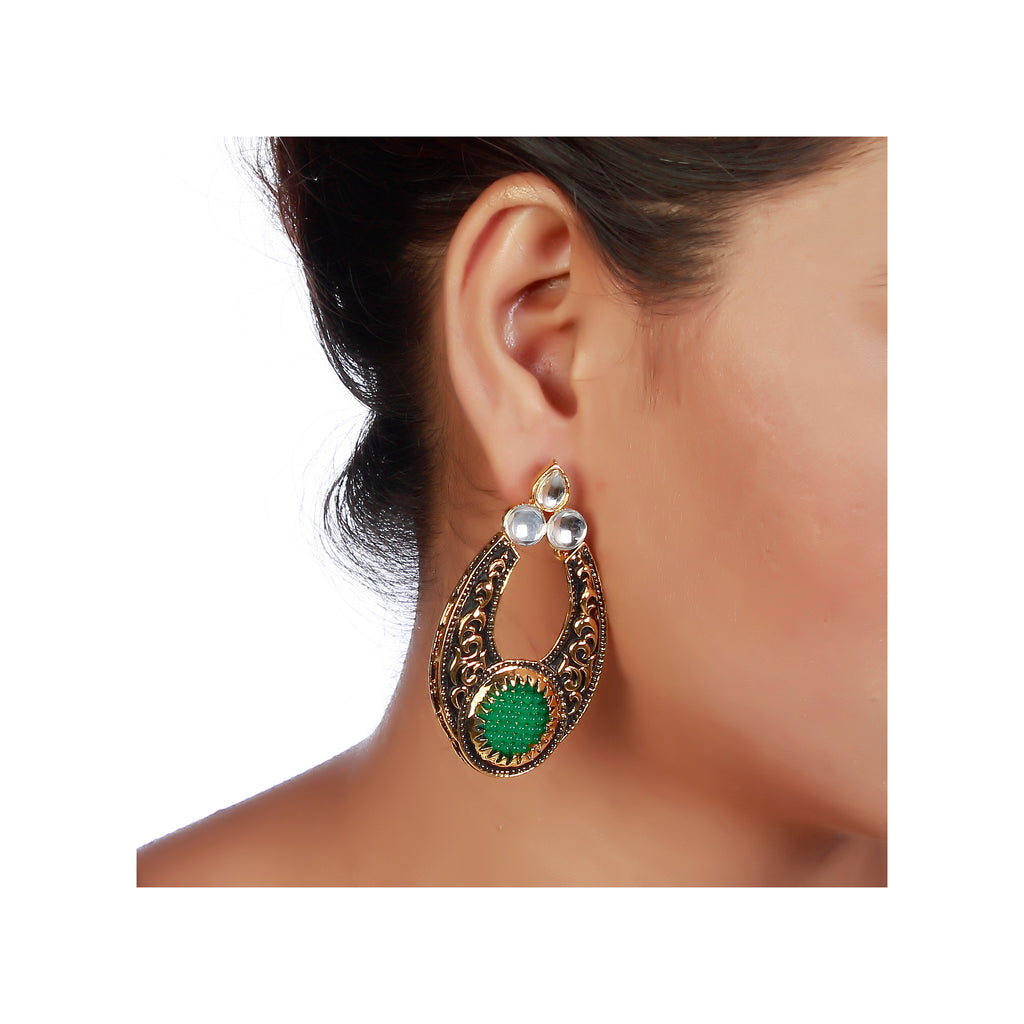 The99Jewel Gold Plated Ethnic Green Dangler Earrings