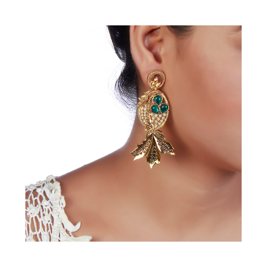 The99Jewel Gold Plated Ethnic Green Dangler Earrings