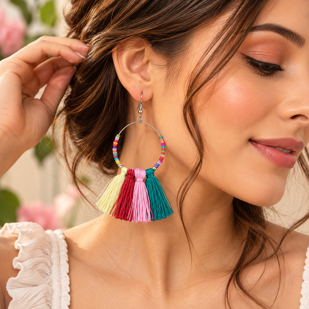 The99Jewel Bohemian MultiColor Thread Tassel and hoop Drop Earrings 