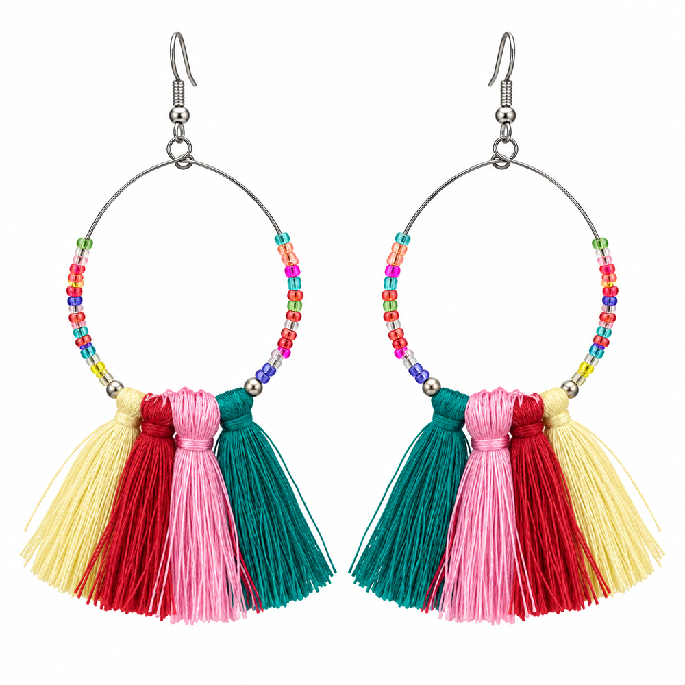 The99Jewel Bohemian MultiColor Thread Tassel and hoop Drop Earrings
