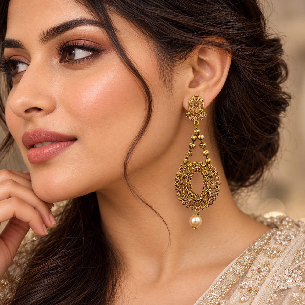 The99Jewel Designer Gold Plated Austrian Stone Dangler Earrings for Women with Pearl Drop