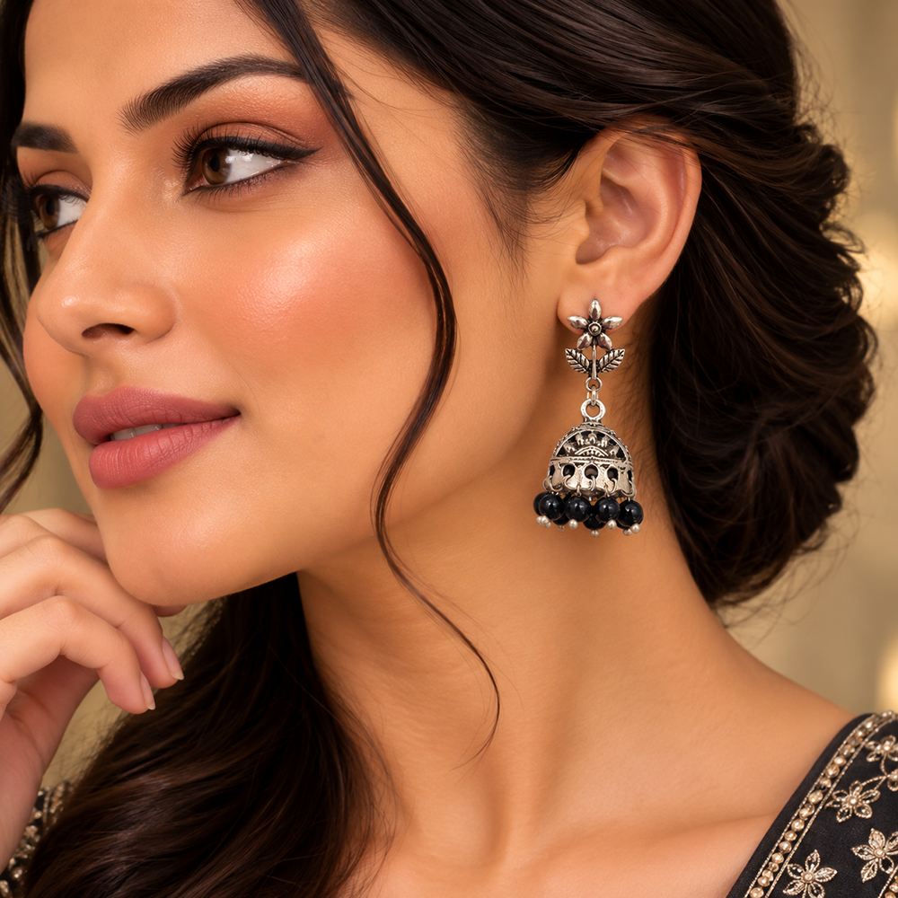 The99Jewel Ethnic Oxidised Plated Jhumki Earrings with Pearl Drop for Festive Wear