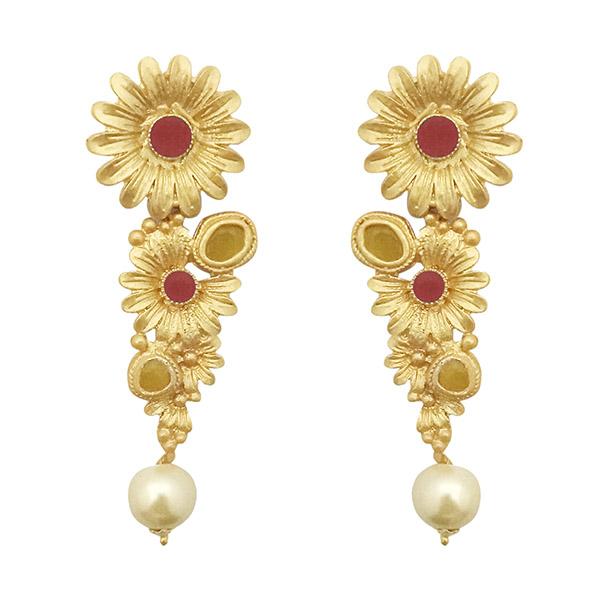 The99Jewel Maroon Pota Stone Gold Plated Floral Dangler Earrings