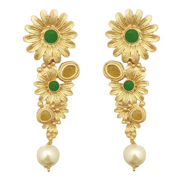 The99Jewel Green Pota Stone Gold Plated Floral Pearl Dangler Earrings