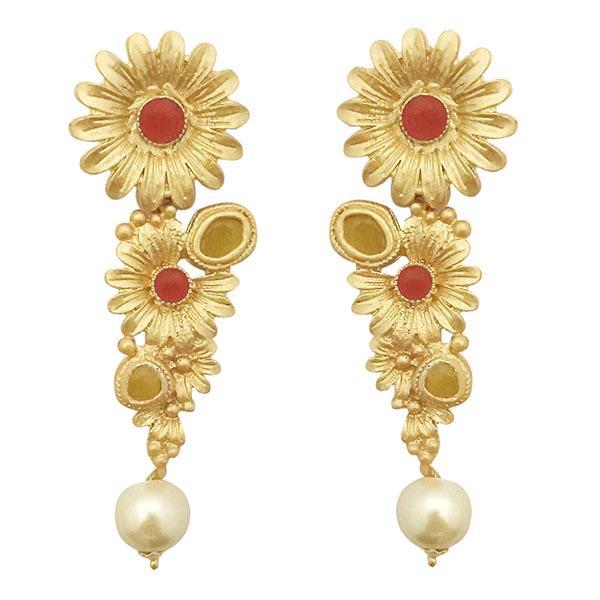 The99Jewel Red Pota Stone Gold Plated Floral Pearl Dangler Earrings