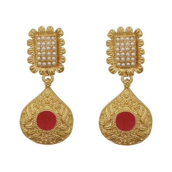 The99Jewel Maroon Pota Stone Gold Plated Pearl Dangler Earrings